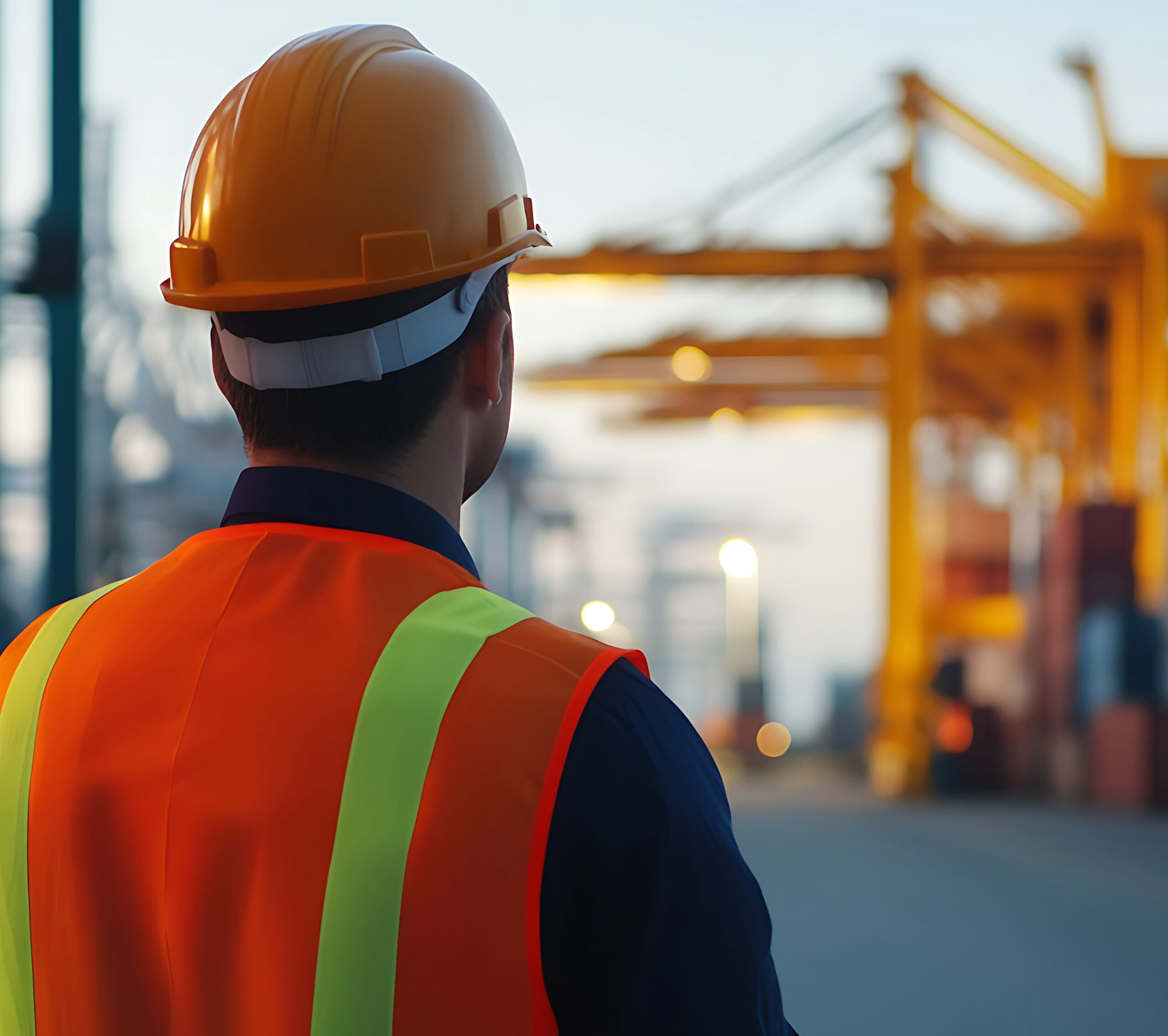 A port authority supervisor with a hard hat and safety vest oversees a busy port operation. The supervisor stands with a serious face, making sure that all safety measures are adhered to.