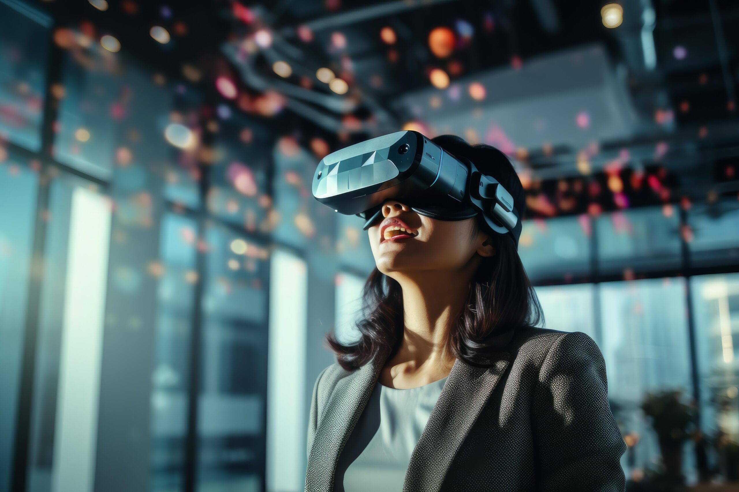 Businesswoman wearing vr headset and interacting with immersive digital world
