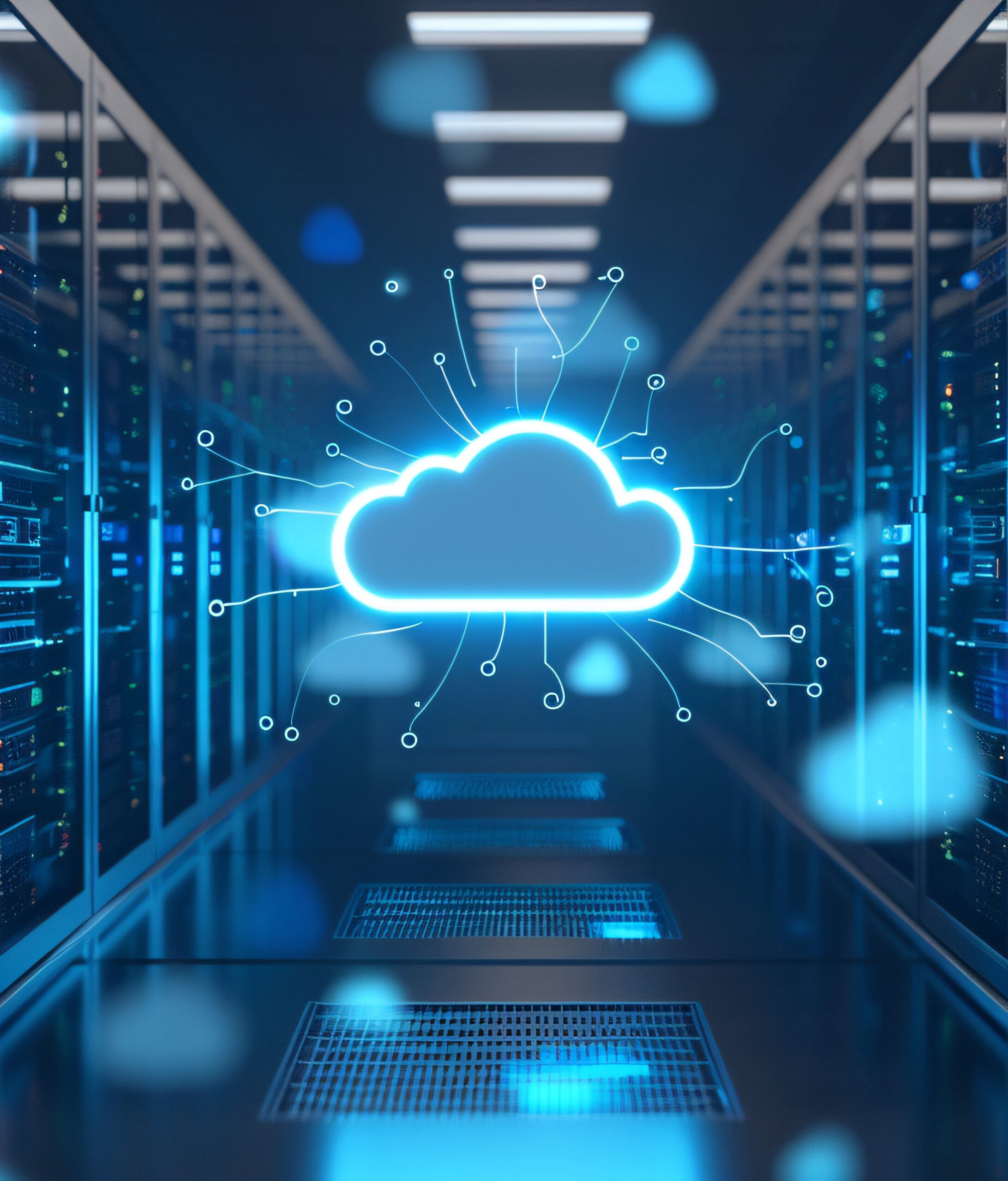 Server room with cloud on ceiling modern technology data center concept